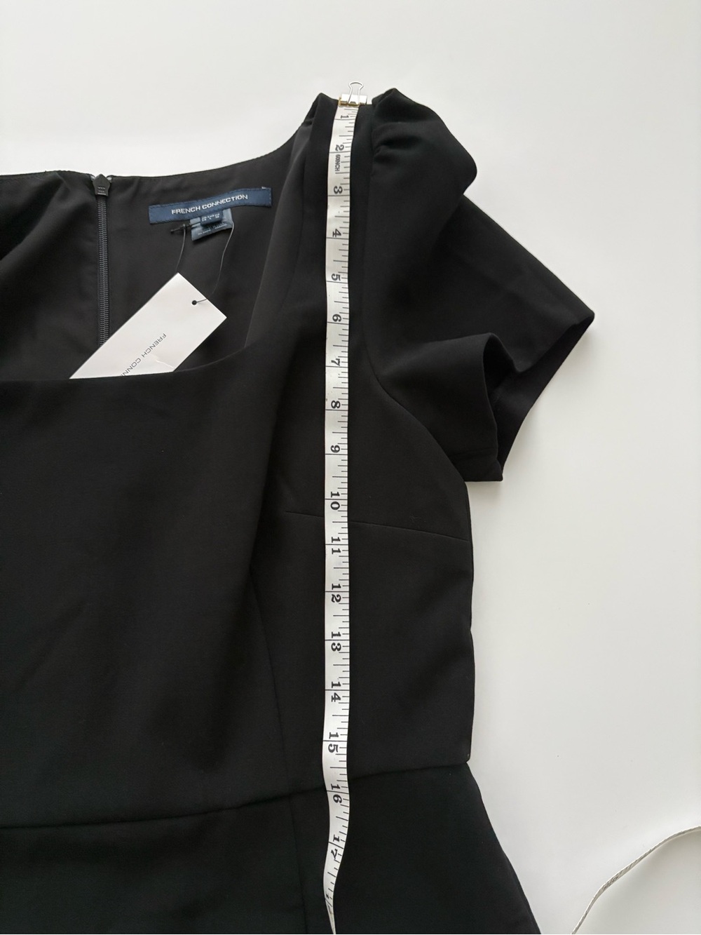 French Connection Black Puff Sleeve Mini Dress NWT Size 10 Classic Square Neck - Picture 10 of 14